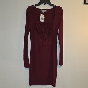 Burgundy Long-Sleeve Tie-Front Bodycon Dress